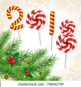 New Year background with sweets 2018 and fir branches