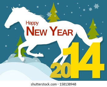 New year background with the symbol of the 2014 horse, snow and Christmas trees