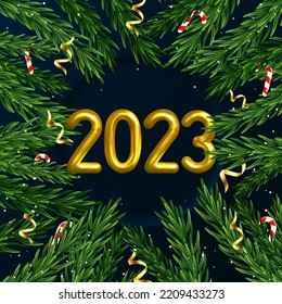 New year background template with gold glittering numbers and pine branches and shiny serpentine.