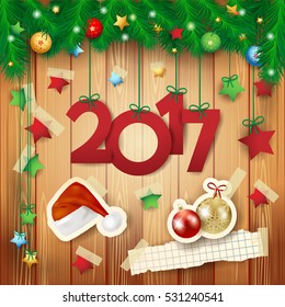 New Year background with text and paper elements. Vector illustration 