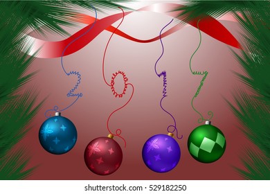 New Year background with tree branches and christmas balls