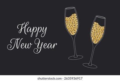 New Year background. Two glasses of champagne with gold glitters. Template for greeting card, party invitation, social media.
