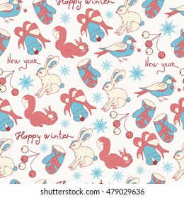 New Year. Background, wallpaper, seamless. Hare, squirrel, bird. Sketch, Doodle.