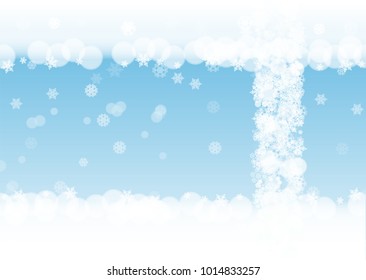 New year background with white frosty snowflakes. Horizontal snowfall backdrop. Winter new year background for holiday banners, cards. Falling snow with bokeh and flakes for special offers and sales.