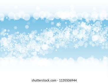 New year background with white frosty snowflakes. Horizontal snowfall backdrop. Winter new year background for holiday banners, cards. Falling snow with bokeh and flakes for special offers and sales.