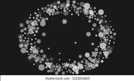 New year background with white frosty snowflakes. Horizontal snowfall backdrop. Winter new year background for holiday banners, cards. Falling snow with bokeh and flakes for special offers and sales.