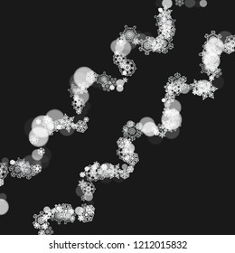 New year background with white frosty snowflakes. Snowfall backdrop. Stylish new year background for holiday banners, cards. Falling snow with bokeh and flakes for season special offers and sales