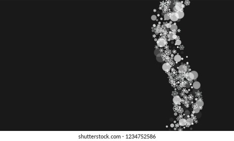 New year background with white frosty snowflakes. Horizontal snowfall backdrop. Winter new year background for holiday banners, cards. Falling snow with bokeh and flakes for special offers and sales.