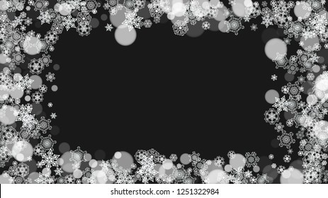 New year background with white frosty snowflakes. Horizontal snowfall backdrop. Winter new year background for holiday banners, cards. Falling snow with bokeh and flakes for special offers and sales.