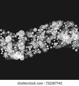 New year background with white frosty snowflakes. Snowfall backdrop. Stylish new year background for holiday banners, cards. Falling snow with bokeh and flakes for season special offers and sales