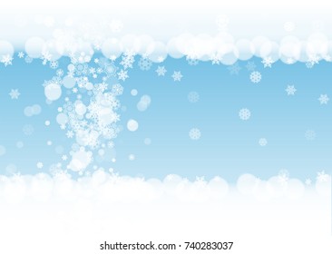 New year background with white frosty snowflakes. Horizontal snowfall backdrop. Winter new year background for holiday banners, cards. Falling snow with bokeh and flakes for special offers and sales.