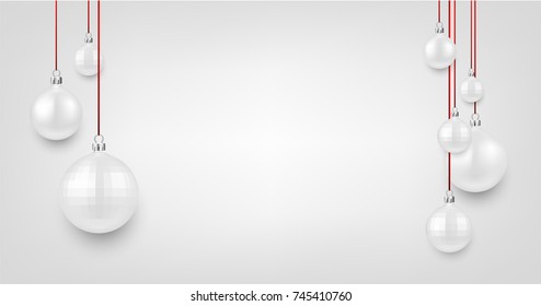 New Year background with white round Christmas balls. Vector illustration.