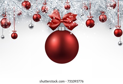 New Year background with white spruce branches and red Christmas balls. Vector illustration.
