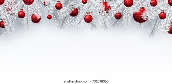 New Year background with white spruce branches and red Christmas balls. Vector illustration.

