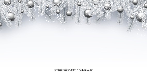 New Year background with white spruce branches and silver Christmas balls. Vector illustration.