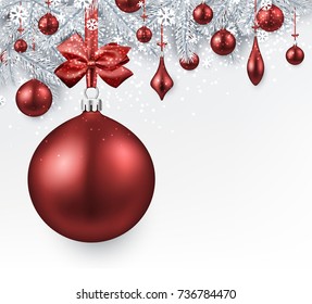 New Year background with white spruce branches and red Christmas balls. Vector illustration.