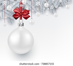 New Year background with white spruce branches and Christmas ball. Vector illustration.