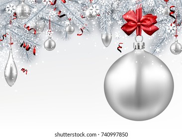 Neujahrshintergrund mit weißen Fichtenzweigen und Weihnachtsbällen. Vektorgrafik.