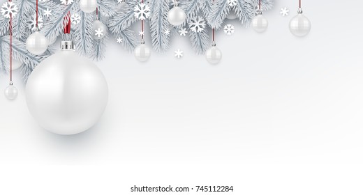 New Year background with white spruce branches and Christmas balls. Vector illustration.