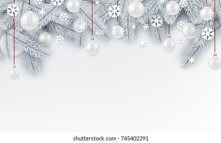 New Year background with white spruce branches and Christmas balls. Vector illustration.