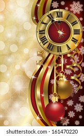 New Year background with xmas clock, vector illustration