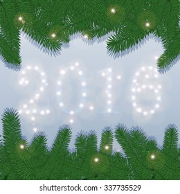 New Year  Background for your Party invitations. Spruce branches and figures 2016 of flares. Vector illustration.