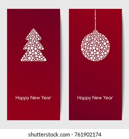 New Year backgrounds with christmas tree and  hanging bauble of white dots of various size. Vector template for greeting cards, flyers or invitations.