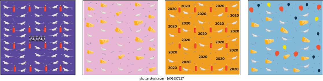 New Year backgrounds wallpapers - 4 wallpapers: white rat with candle light, cheese, and balloon seamless patterns wallpaper