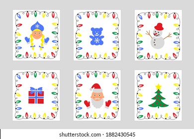New Year badges. Objects in a garland frame. Santa Claus, Snow Maiden, soft bear, herringbone, gift, snowman