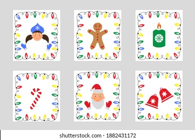 New Year badges. Objects in a garland frame. Santa Claus, Snow Maiden, gingerbread, candle, lollipop, bell