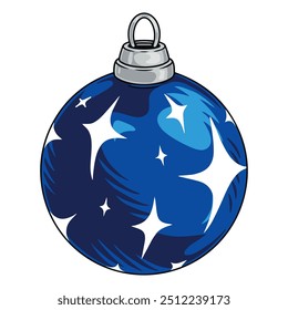 New Year ball colorful vintage element with glass toy for Christmas tree with white snowflakes on blue surface vector illustration