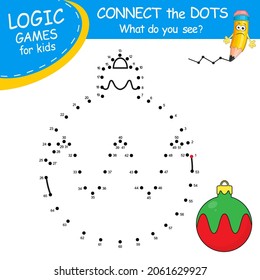 Bola de Año Nuevo. Conecte los puntos por números para dibujar el juguete de navidad. Símbolo de invierno. Juego punto a punto y página de color con caricatura de Navidad Ball. Juego Lógico para niños aprendiendo número de cuenta.