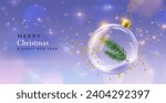 New Year ball. Merry Christmas celebration. 3D clear snowglobe. Glass sphere with fir tree branch. 2023 Xmas. Snow globe and confetti. Winter holiday card design. Light ornament. Vector 3D background