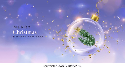 New Year ball. Merry Christmas celebration. 3D clear snowglobe. Glass sphere with fir tree branch. 2023 Xmas. Snow globe and confetti. Winter holiday card design. Light ornament. Vector 3D background