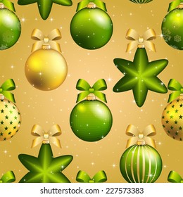 New Year ball pattern. Christmas wallpaper with bow and ribbon. Seamless background. Xmas Decorations. Sparkles and bokeh. Shiny and glowing