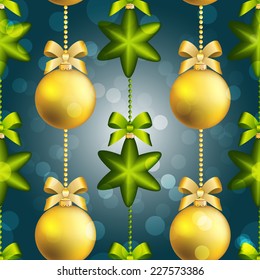 New Year ball pattern. Christmas wallpaper with bow and ribbon. Seamless background. Xmas Decorations. Sparkles and bokeh. Shiny and glowing