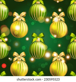 New Year ball pattern. Christmas wallpaper with bow and ribbon. Seamless background. Xmas Decorations. Sparkles and bokeh. Shiny and glowing