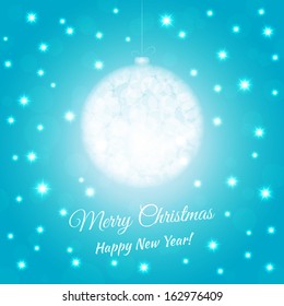 New year ball postcard in bokeh technique. Merry Christmas card. Blue colored background