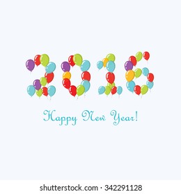 New Year balloons 2016 illustration design. Vector flat style postcard poster of New Year text badge with flying cartoon balloons numbers with ropes. blue background image for greeting card invitation