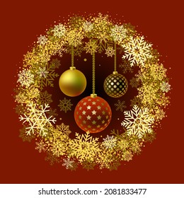 New Year balls in a golden frame of snowflakes. Christmas vector illustration.