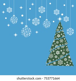New Year balls and snowflakes. Vector illustration of Christmas balls, snowflakes and New Year tree