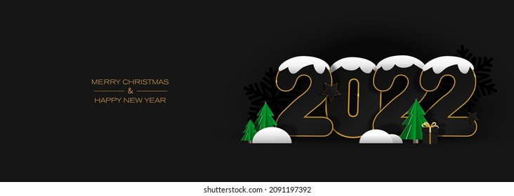 New year banner. 2022 with snow, gift box and spruce on a black background. Digital craft style.