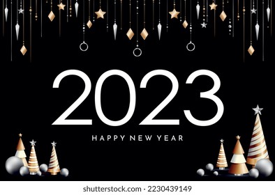 New Year banner 2023. Christmas tree silver and bronze toys and decorations. Design for invitation or greeting card. luxury and wealth. Cones with stars and balls. Cartoon flat vector illustration