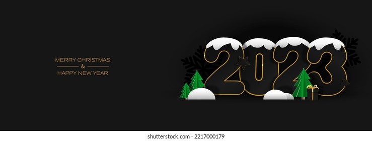 New year banner. 2023 with snow, gift box and spruce on a black background. Digital craft style.