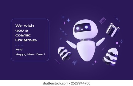 New Year banner with 3D chat bot, snowy trees and goft box floating with graphic linear confetti. Futuristic greeting Christmas card with network robotic character. Future vector illustration.