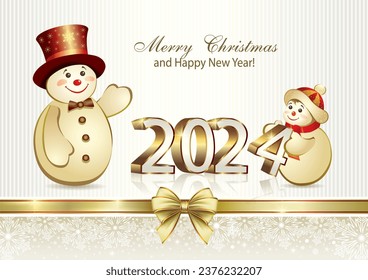 New Year banner with 3D realistic golden snowmen and numbers 2024. Festive background with snowflakes decoration, ribbon and bow for banners, social media, poster, template, website, greeting card.