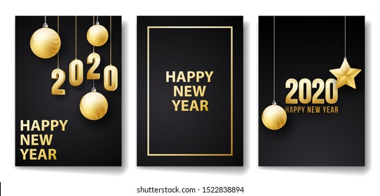new year banner background design. golden colored card on black background. happy new year 2020 layout. vector illustration.