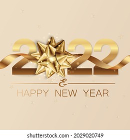 Neujahrsbanner. Hintergrund Neujahrsdesign der realistischen Zahlen 2022 mit Schleife und Band. New Year Poster, Grußkarte, Header, Website. Vektorgrafik