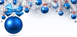 Banner De Anul Nou Cu Bile Albastre De Crăciun. Ilustrare Vectorială.