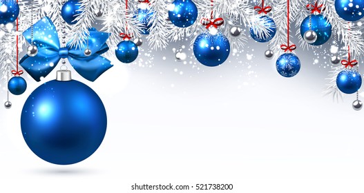 New Year banner with blue Christmas balls. Vector illustration.